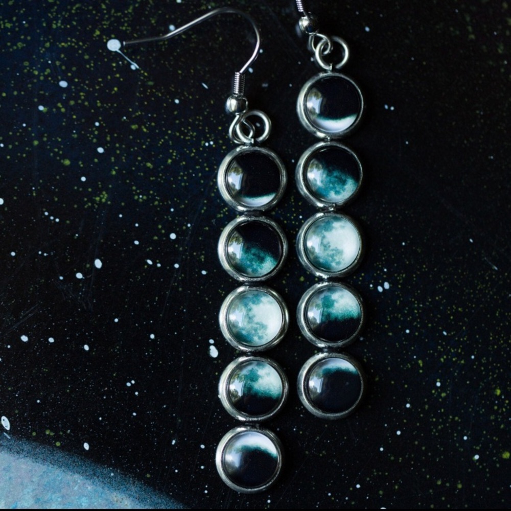 Unique Moon Phase Dangle Space Galaxy Earrings - Picture 3 of 9